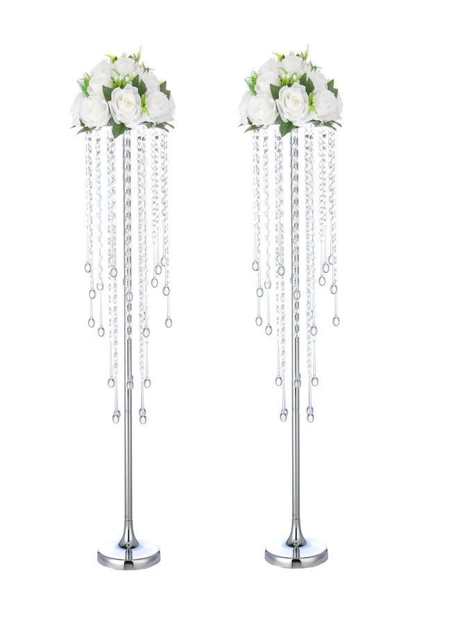 Bigsee 2 Pcs 29.5 inches Crystal Flower Stand Wedding Centerpieces for Tables, Tabletop Silver Metal Flower Arrangement Holder, Bulk Metal Vases for Reception Ceremony Decoration - Image 1